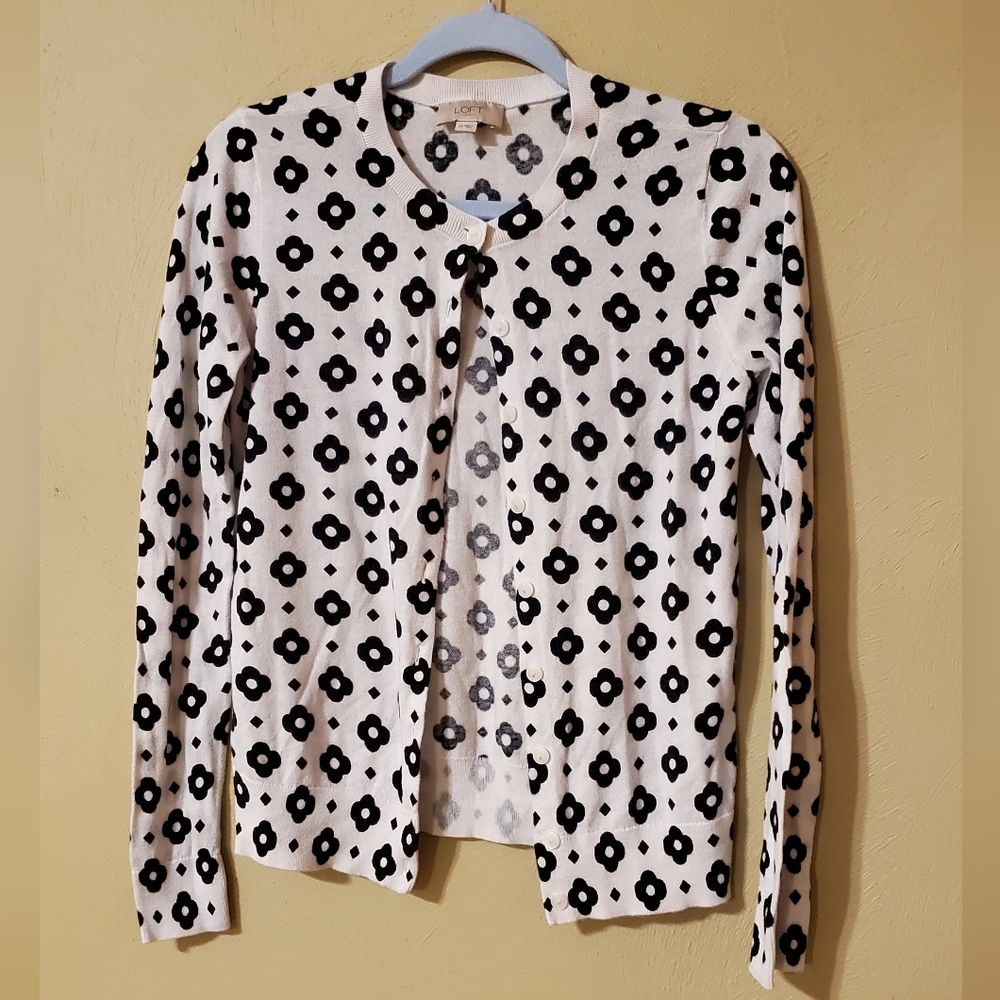 Ann Taylor Loft Black & White Floral Cardigan XS